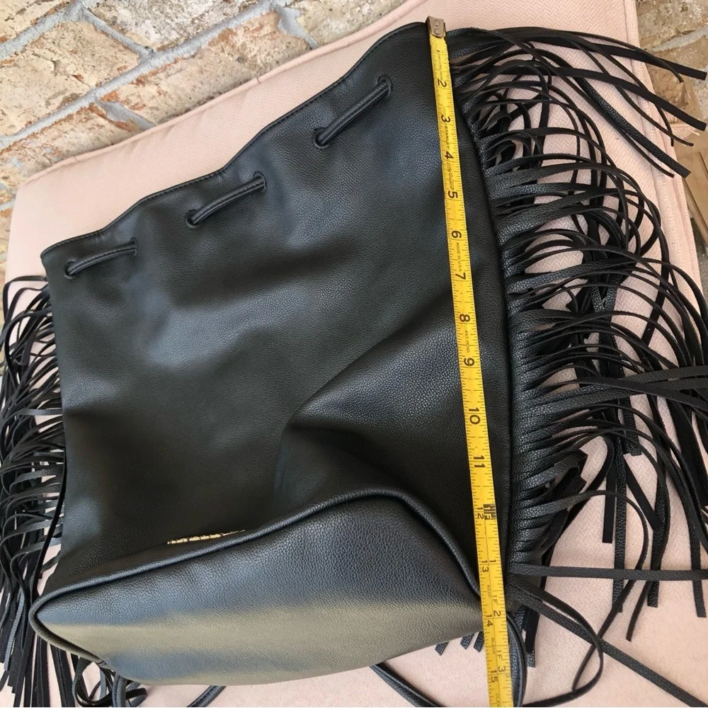 Victoria's Secret Black Fringe Drawstring Faux Leather Backpack